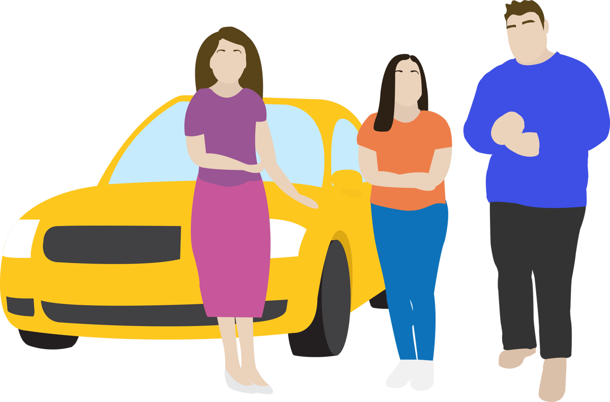 Jeni and Julio speaking with a car saleswoman